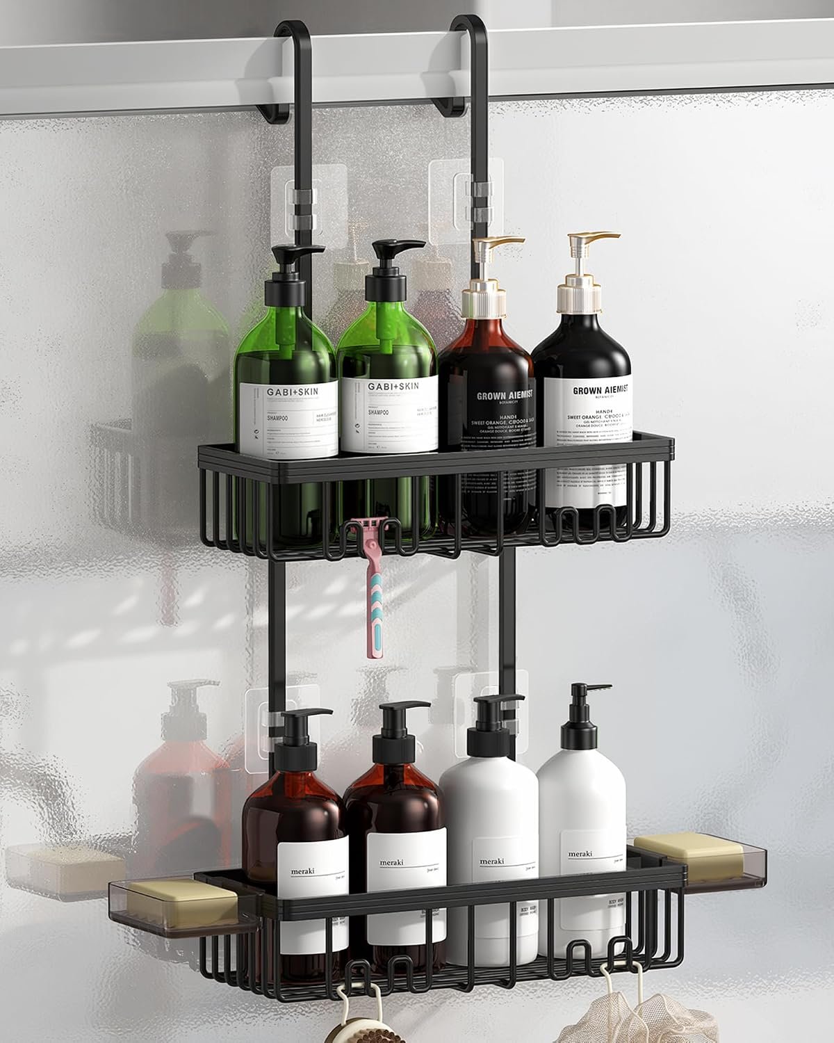 Over the Door Shower Caddy Hanging With Double Soap Holder Never Rust Aluminum Shower Shelf With 4 Hooks Hanging Bathroom Organizer No Drilling Shelves for Bathroom Storage Black