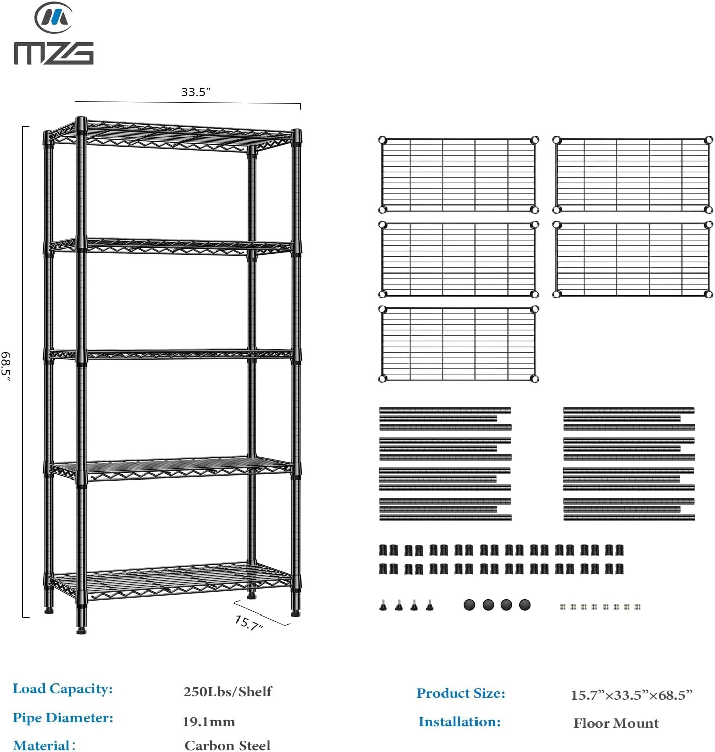 M MZG 1250 lbs 5 Tier Shelf Metal Storage Shelves Shelving Wire Rack Heavy Duty Closet Organizers for Garage Kitchen Bathroom Laundry Black 15.7" D x 33.5" W x 68.5" H - Image 7