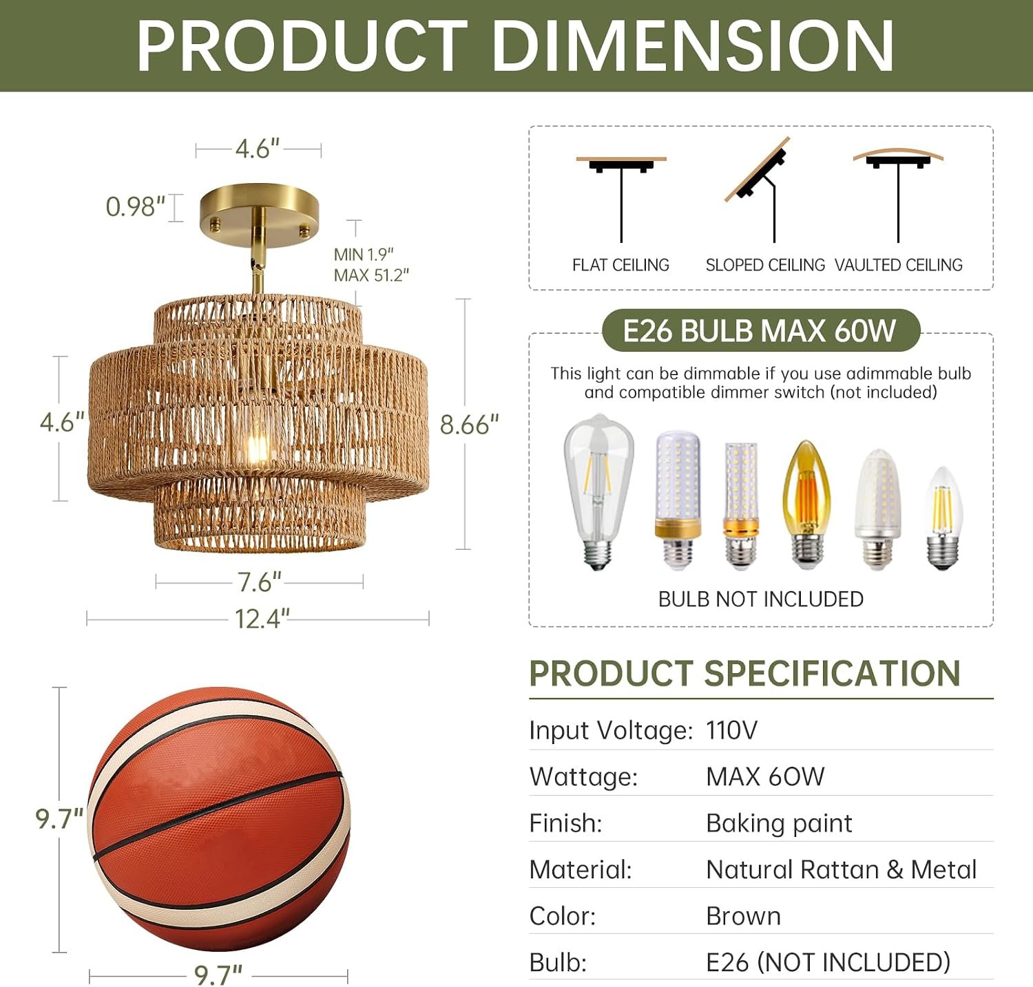 12.4" Rattan Pendant Light for Kitchen Island, Boho Chandelier - Image 5