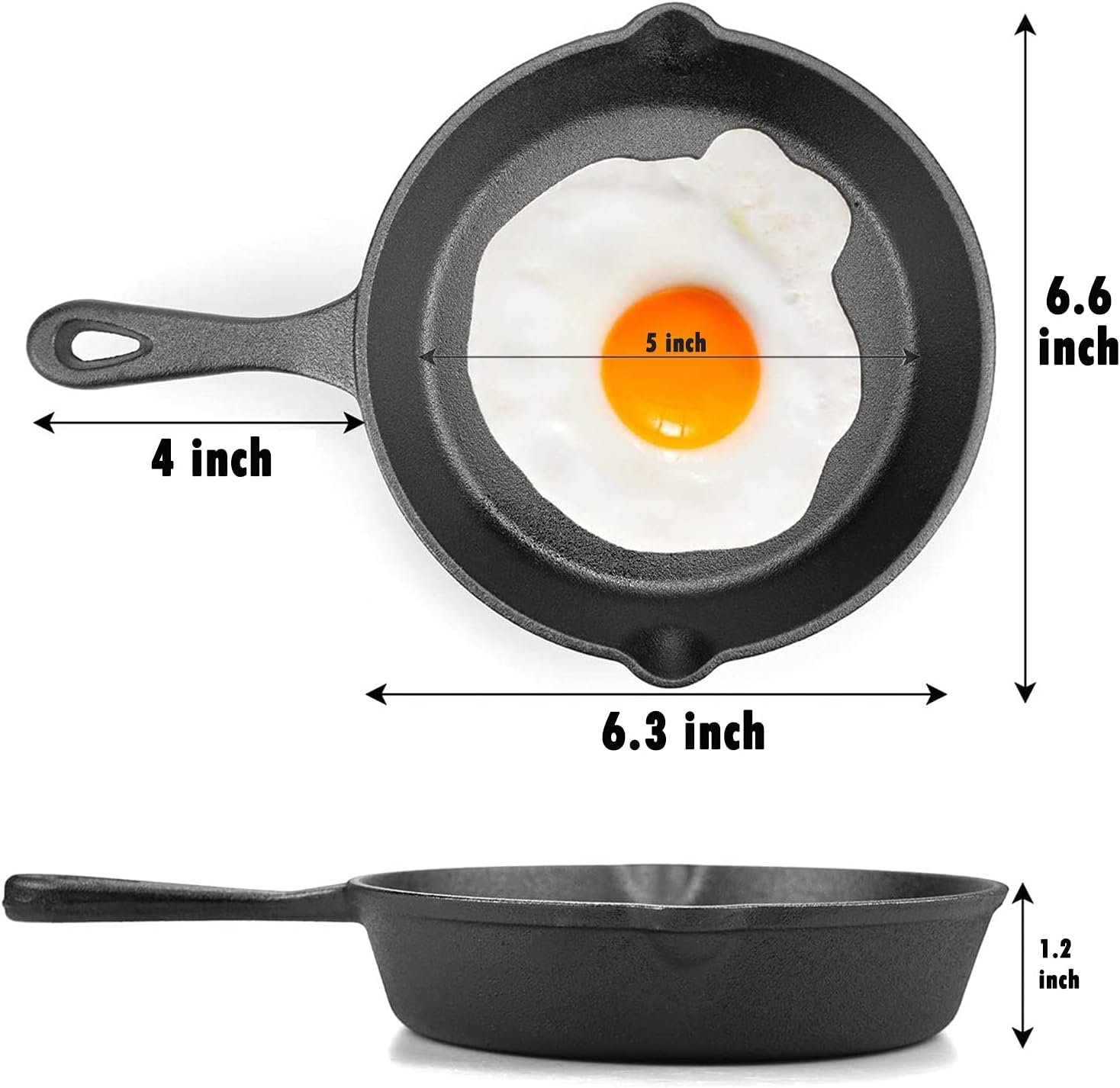 6 Inch Cast Iron Skillet, Frying Pan with Drip-Spouts, Pre-seasoned Oven Safe Cookware, Camping Indoor and Outdoor Cooking, Grill Safe, Restaurant Chef Quality - Image 3
