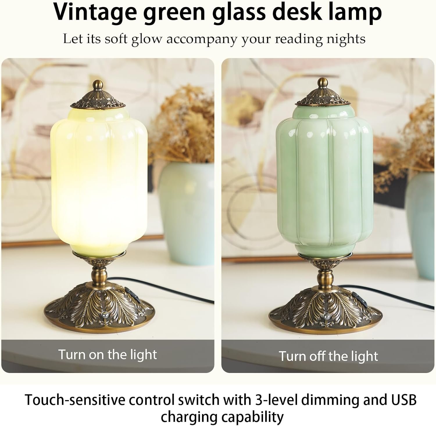 Milk Glass Touch Table Lamp, Elegant Green Jadeite Glass Bedside Desk Lamp 3 Way Dimmable with USB C+A Charging Ports - Bedroom Nightstand & Living Room Essential, 4W Bulb Included (Green, 6.5) - Image 2