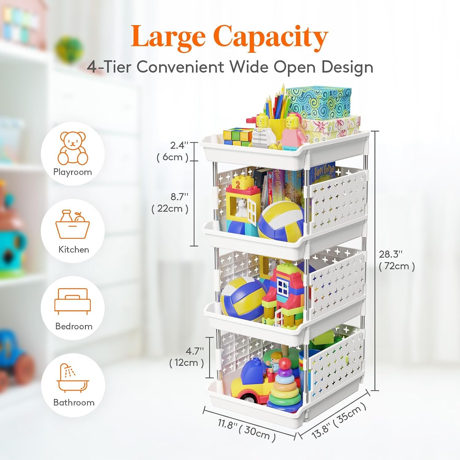 Lifewit Plastic Stackable Storage Baskets, 4 Tier Stacking Bins for Food and Clothes, Multifunctional Organizer for RV, Kitchen, Playroom, Pantry and Bathroom, 13.8"D x 11.8"W x 28.3"H, 1 Pack, White - Image 3