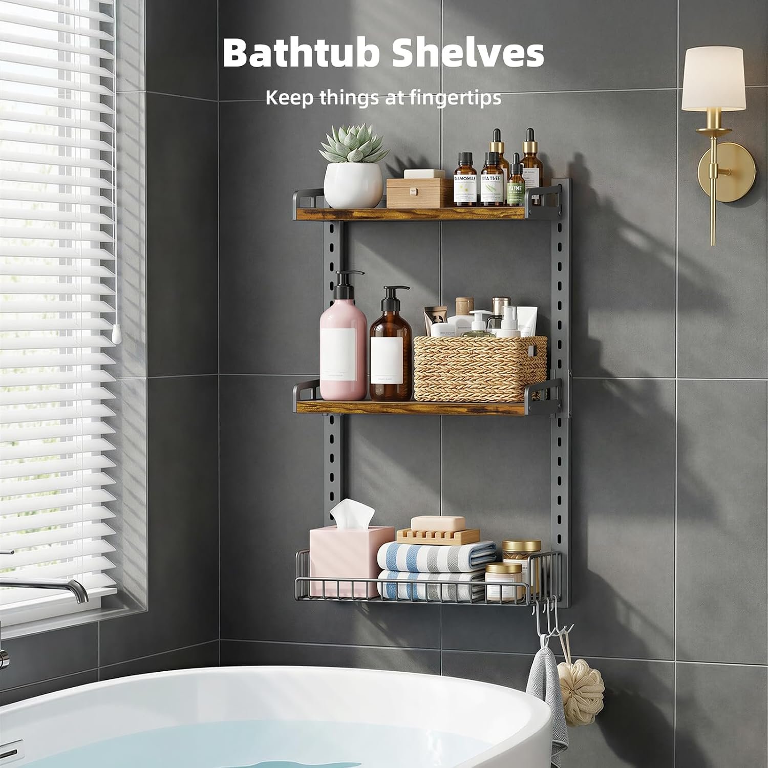 Kalrin 3 Tier Bathroom Shelves Over Toilet - Wall Mounted Floating Shelves with Drain Basket, Toilet Paper Storage, Height Adjustable Over The Toilet Storage, Vintage Brown - Image 3