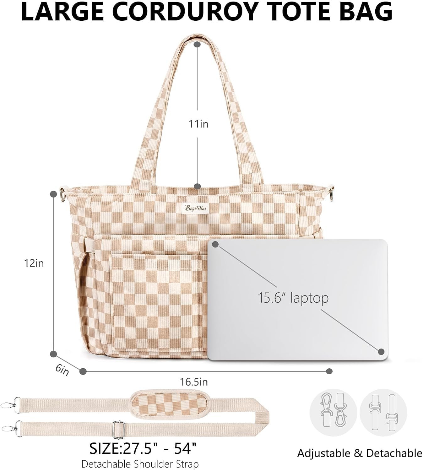 Bagstellar Corduroy Tote Bag for Women, 17 Pockets Laptop Work Tote Purse - Image 2