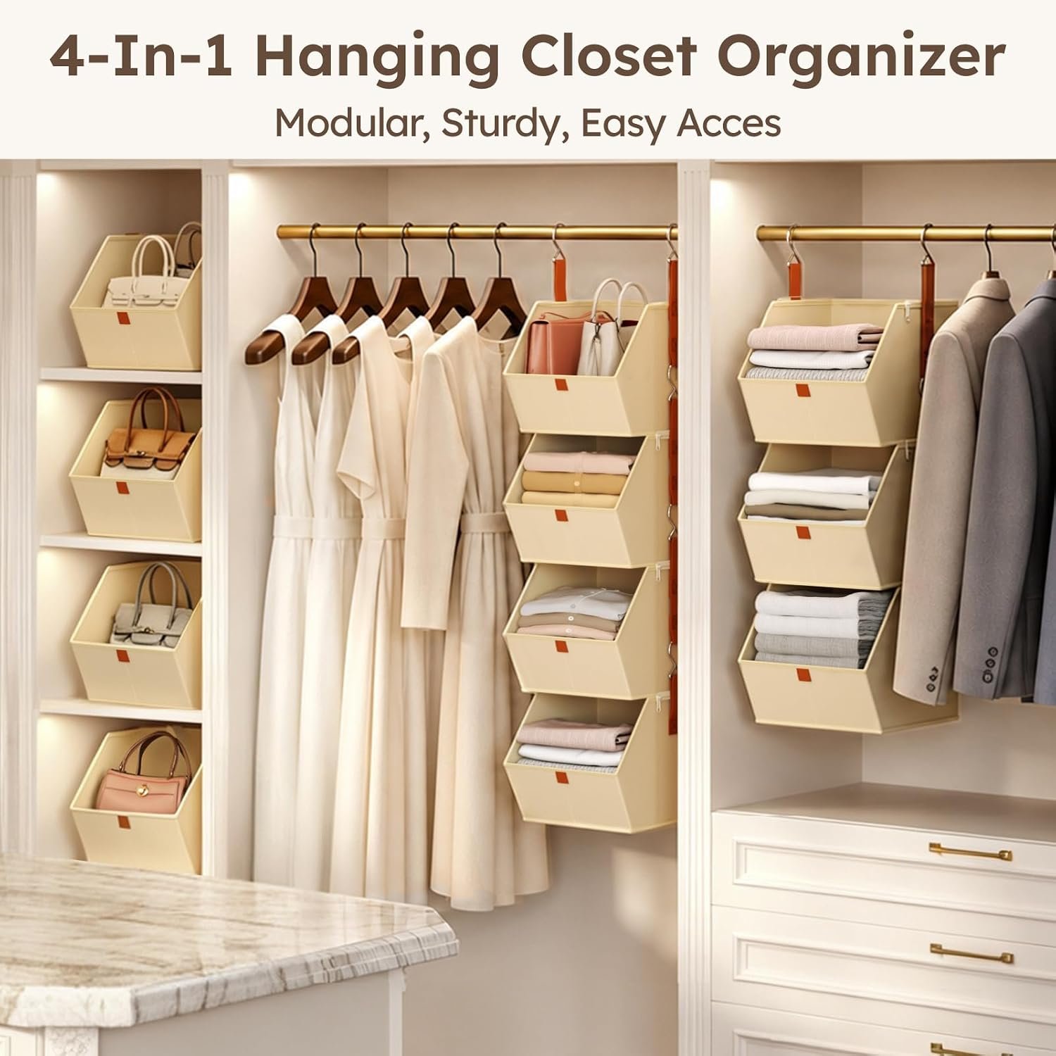 Homsorout Hanging Closet Organizer 4 Tier - Clothes Hanging Shelves, Space-Saving Closet System, Fabric Storage Bins Bedroom Organization, Collapsible Baskets for Home, Dorm, Rv, Beige - Image 5