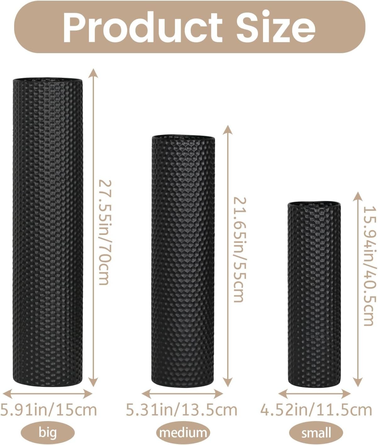 Dnnnii Tall Floor Vases Set of 3 - Black Metal Cylinder Vases for Living Room Corner, Modern Honeycomb Texture, Extra Large Standing Decor (Tallest 27.6in, Home Bedroom Dining Decor) - Image 3