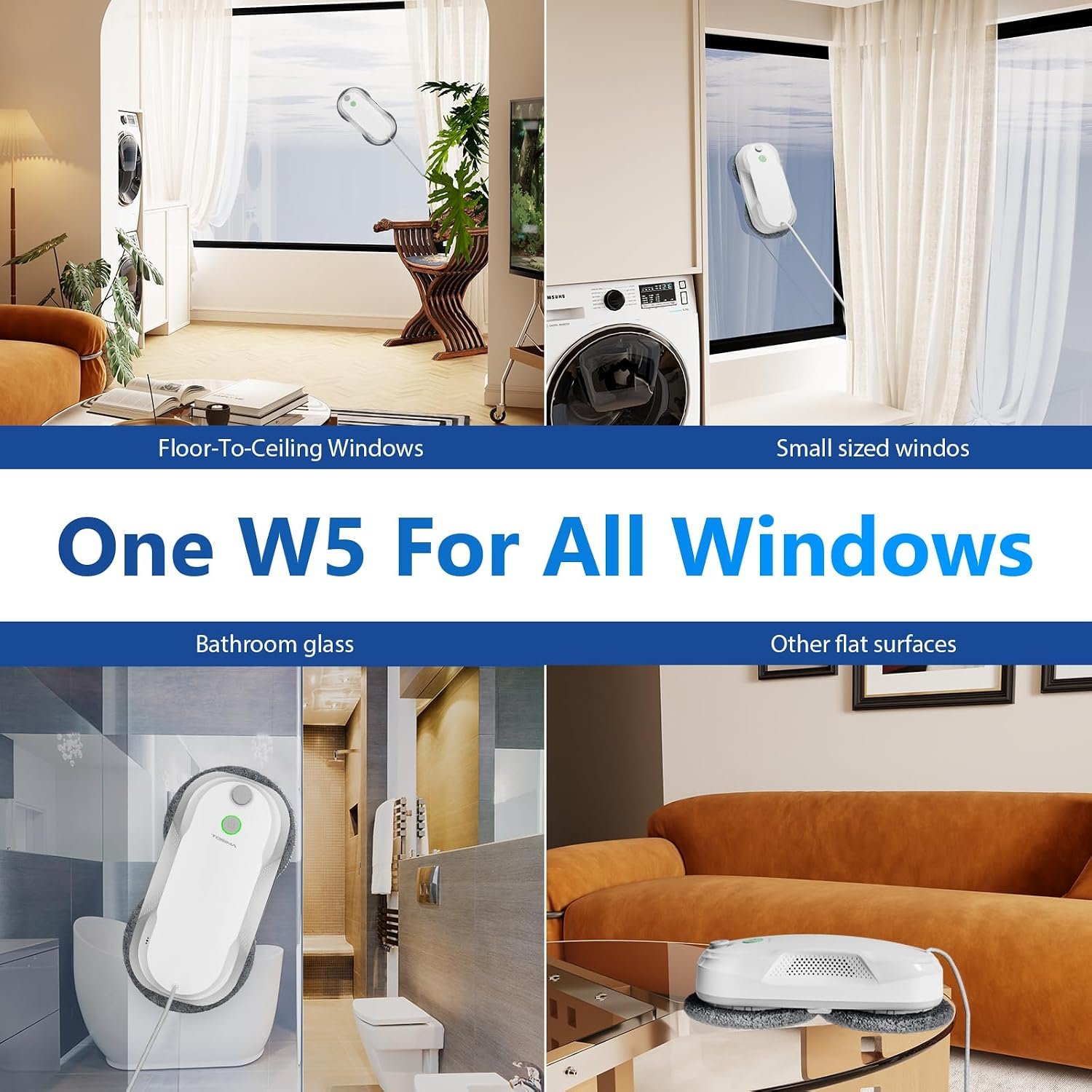 Tosima W5 Window Cleaning Robot, 6400Pa Max Adaptive Suction, Auto-Spray Smart Window Cleaner with Triple Safety System, Intelligent Navigation, Remote Control, for All Smooth Surfaces, White - Image 9