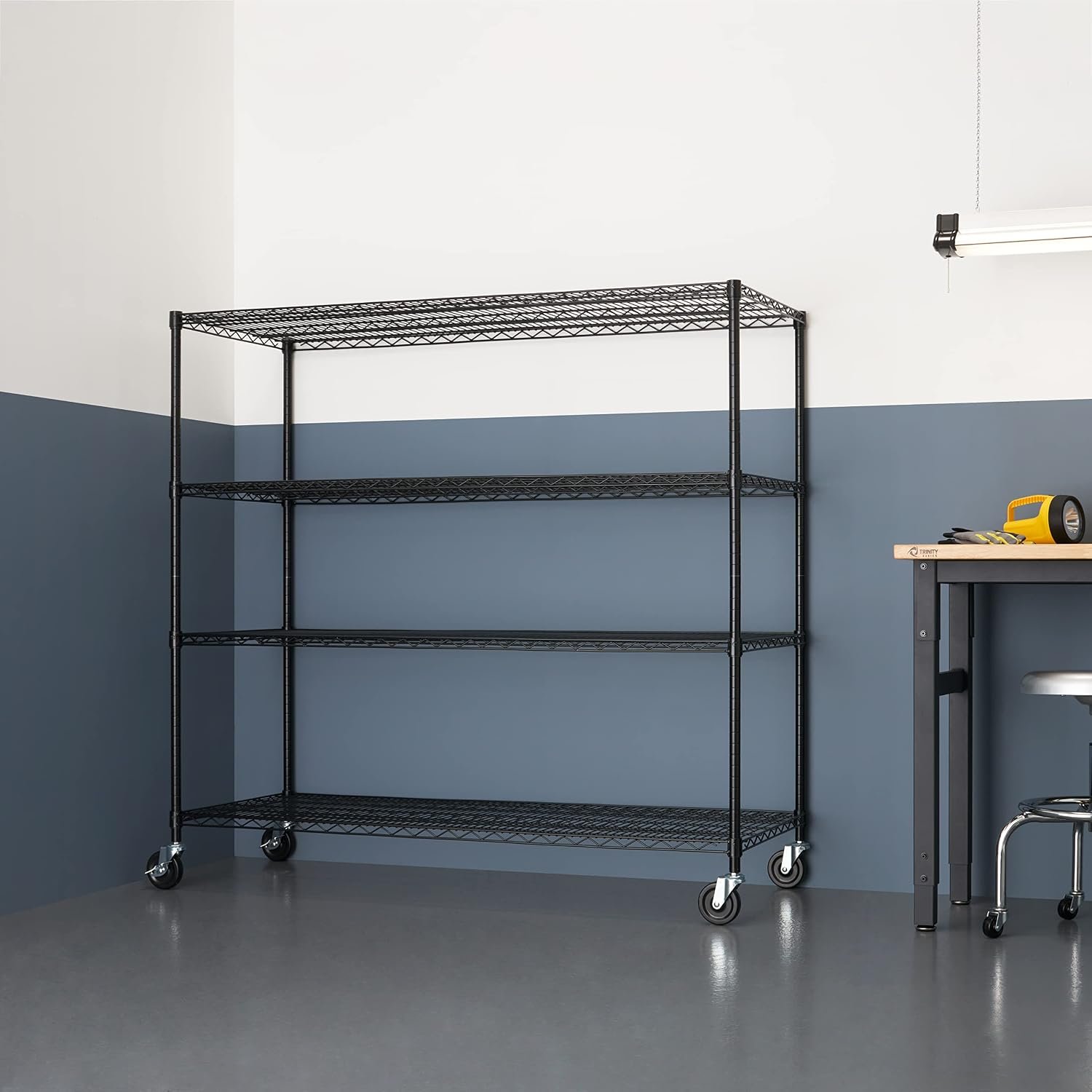 Trinity Basics 4-Tier Adjustable Wire Shelving with Wheels for Kitchen Organization, Garage Storage, Laundry Room, NSF Certified, 600 to 1800 Pound Capacity, 60” by 24” by 54”, Black - Image 7