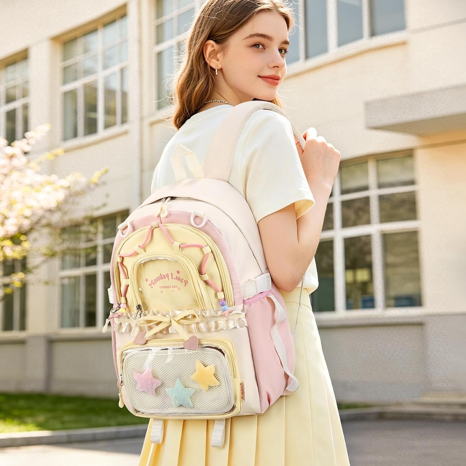 Kawaii ita Backpack - Cute Backpack Coquette Aesthetic Back Pack Y2K Daypack with Clear Pockets with Clear Pockets (Pink) - Image 2