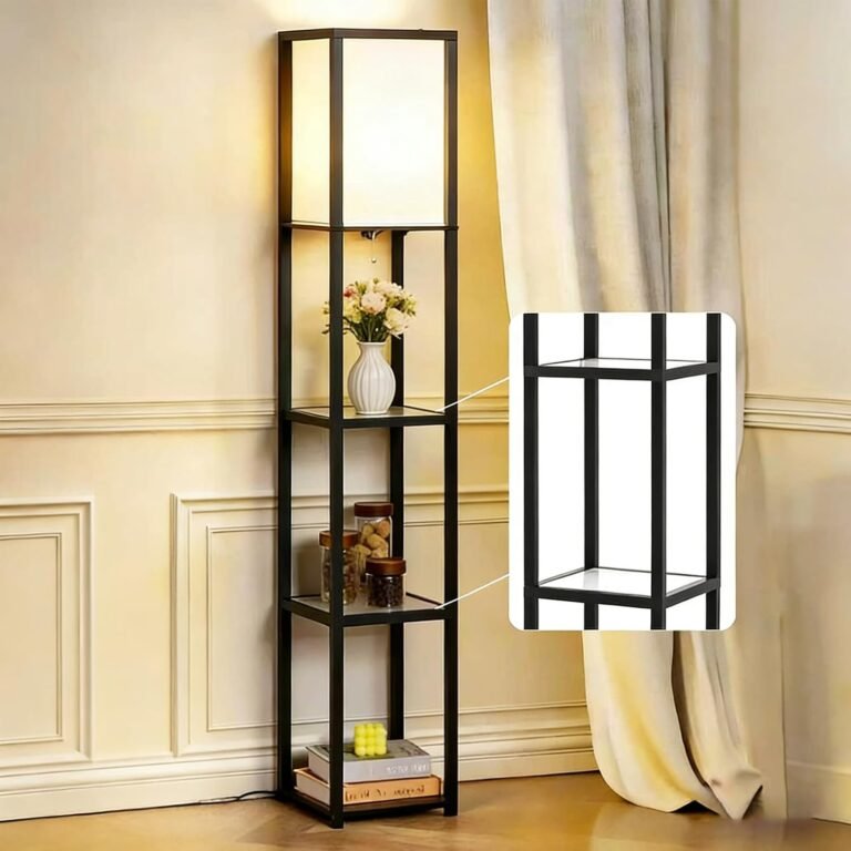 Floor Lamp with Shelves, Modern Square Standing Lamp with Glass Shelves, Corner Display Shelf with Light, Tall Lamp with Shelves for Living Room, Bedroom, Office, Bookshelf, Black