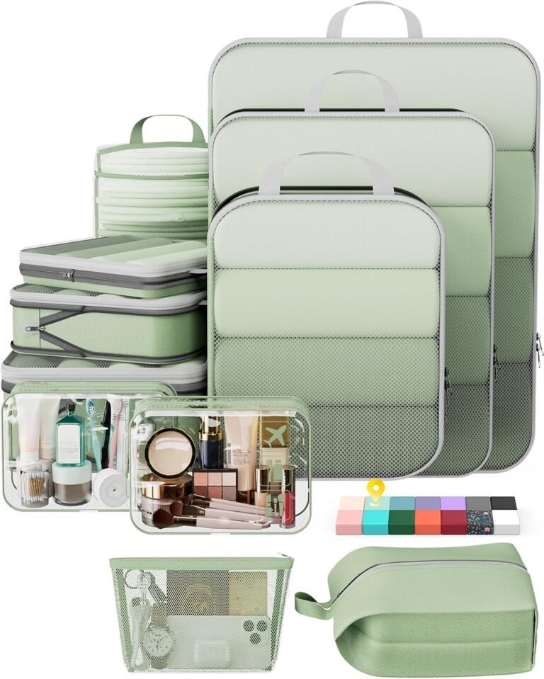 Veken 11 Set Compression Packing Cubes for Travel Essentials,Compressible Expandable Large Luggage Suitcase Organizer Bags for Clothing,Space Saver Bags with Over 1000 pcs of Mesh Holes(Matcha Green)