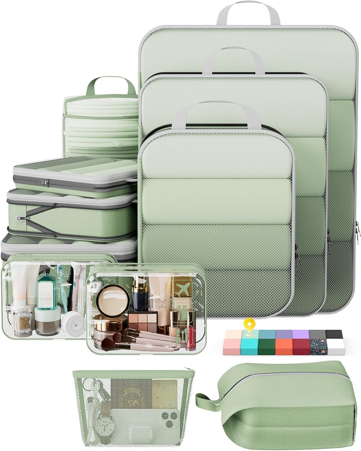 Veken 11 Set Compression Packing Cubes for Travel Essentials,Compressible Expandable Large Luggage Suitcase Organizer Bags for Clothing,Space Saver Bags with Over 1000 pcs of Mesh Holes(Matcha Green)