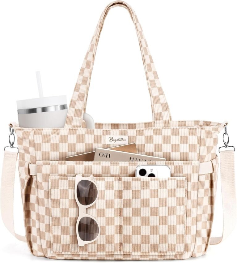 Bagstellar Corduroy Tote Bag for Women, 17 Pockets Laptop Work Tote Purse