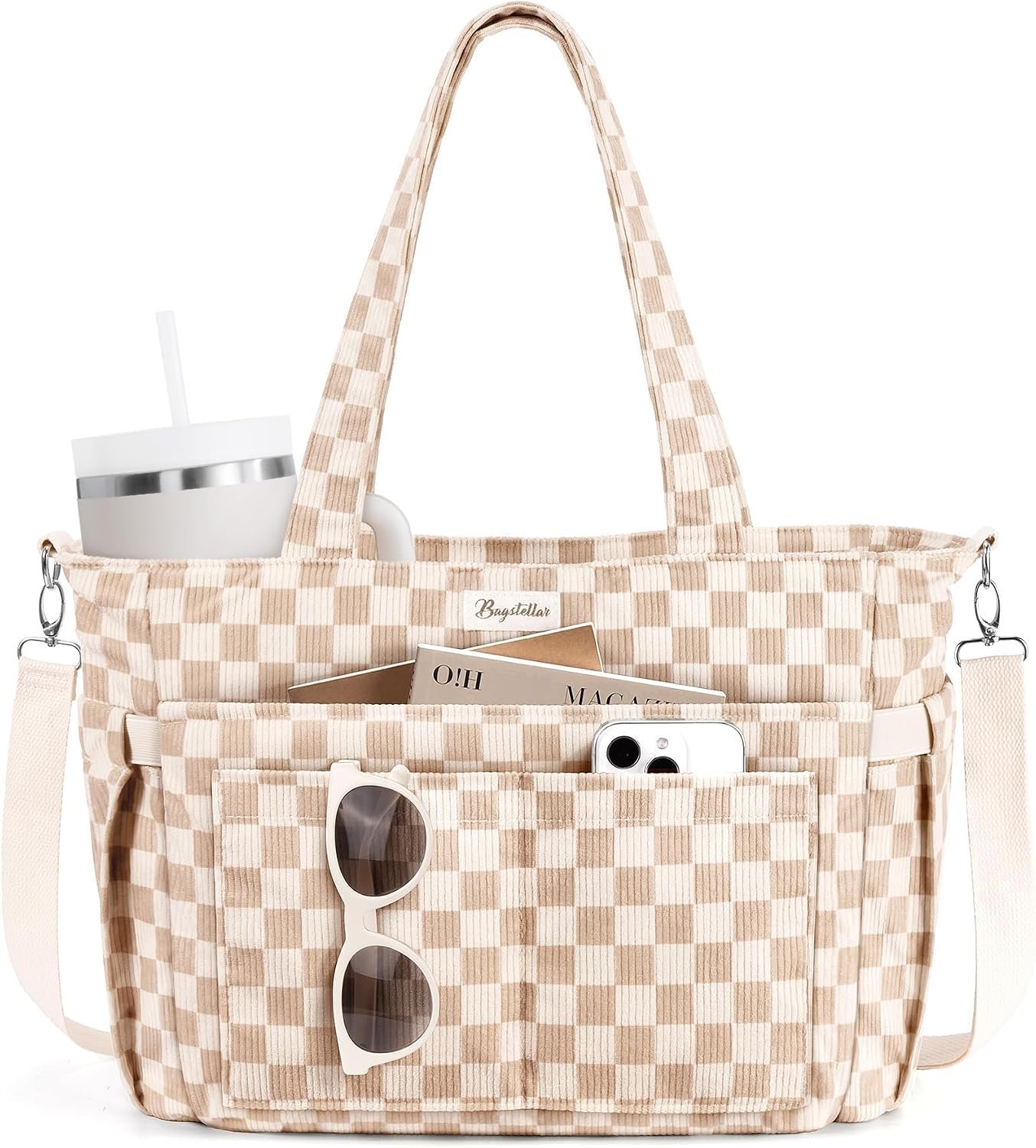 Bagstellar Corduroy Tote Bag for Women, 17 Pockets Laptop Work Tote Purse