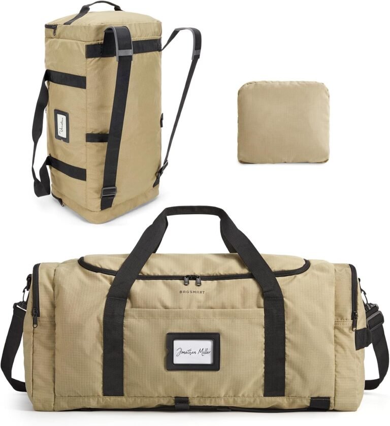 BAGSAMRT 60L Foldable Duffle Bag for Travel, Large Travel Duffel Bag for Men, 4 in 1 Travel Backpack, Carry on Weekender Bag, Light Brown