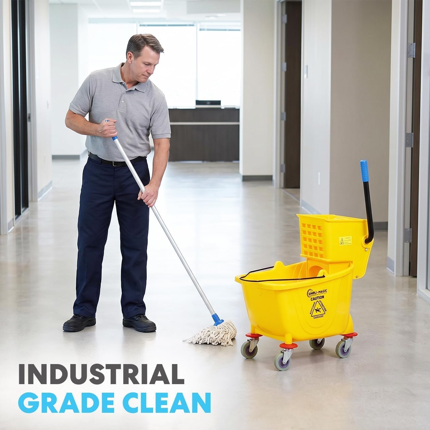 SIMPLI-Magic Side Press Wringer Combo Commercial Mop Bucket on Wheels, 2-Pack, 35 Quart, Yellow, Including Wet Floor Caution Sign and Mop Set, Polyethylene - Image 7