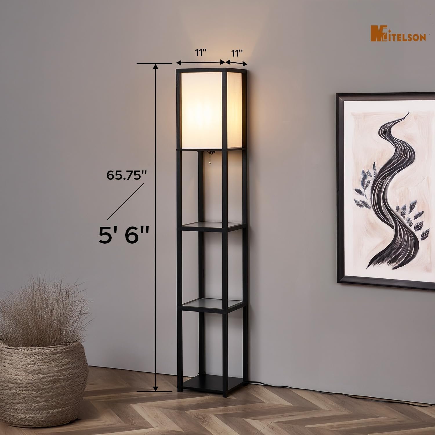 Floor Lamp with Shelves, Modern Square Standing Lamp with Glass Shelves, Corner Display Shelf with Light, Tall Lamp with Shelves for Living Room, Bedroom, Office, Bookshelf, Black - Image 3