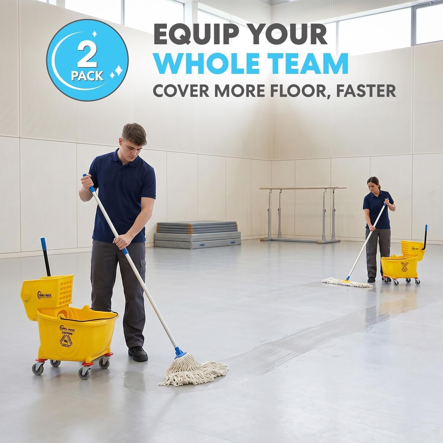 SIMPLI-Magic Side Press Wringer Combo Commercial Mop Bucket on Wheels, 2-Pack, 35 Quart, Yellow, Including Wet Floor Caution Sign and Mop Set, Polyethylene - Image 2