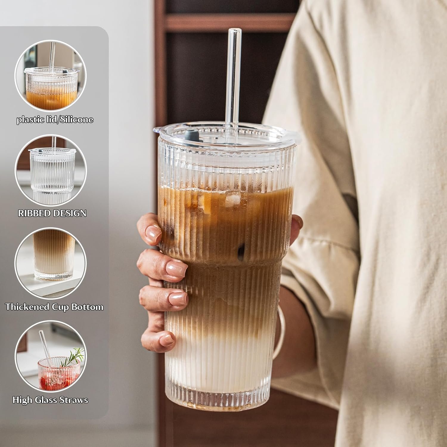 INSETLAN 20 oz Ribbed Glass Tumblers with Lids and Glass Straws – 4-Piece Glassware Set, Thickened Wall, Ideal for Iced Coffee, Smoothies, Cocktails, and Juices – Elegant and Durable Drinkware - Image 4