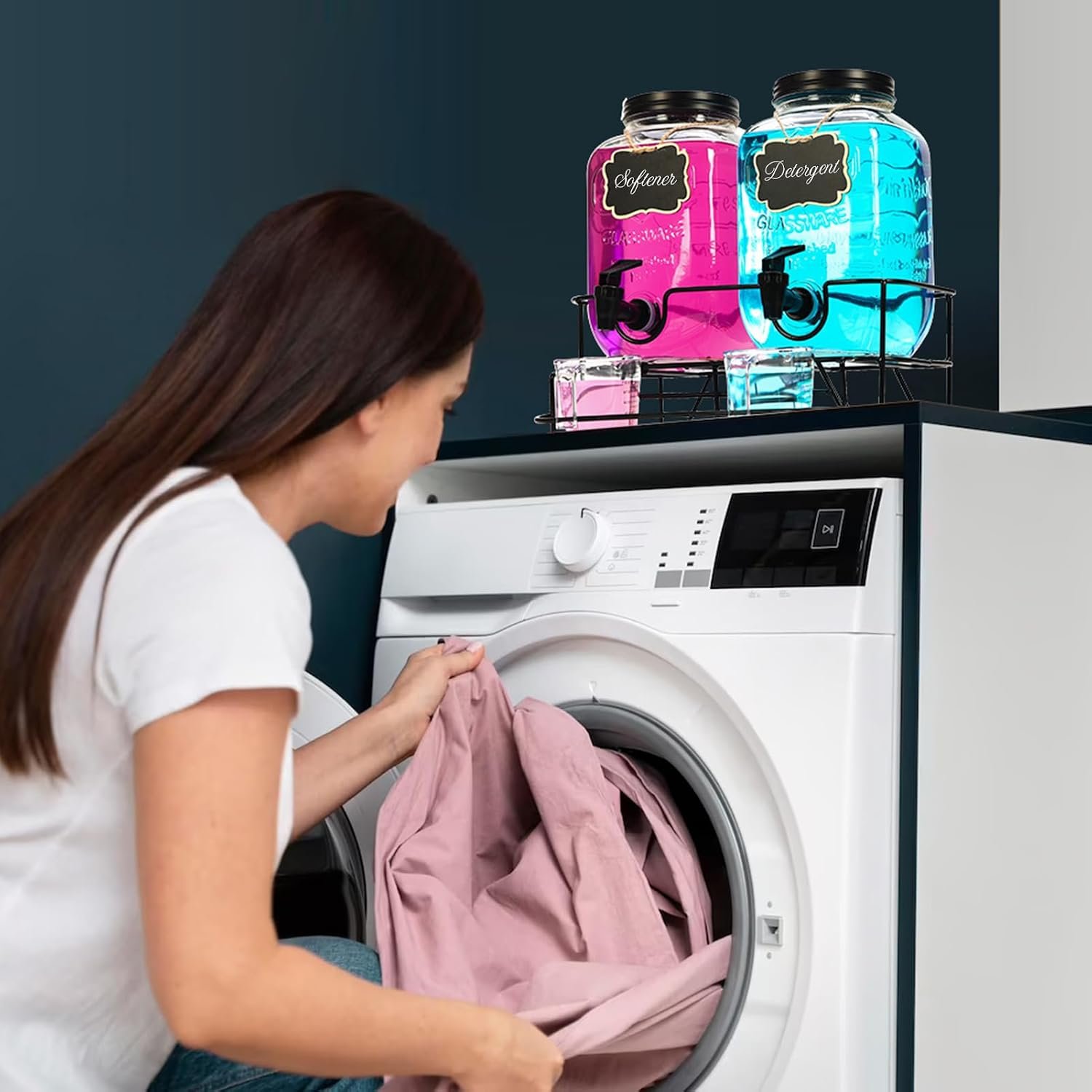 Roetell 2 Sets 1 Gallon Laundry Detergent Dispenser with Stand, Measuring Cup, Glass Laundry Detergent Containr for Laundry Room Organization - Image 6