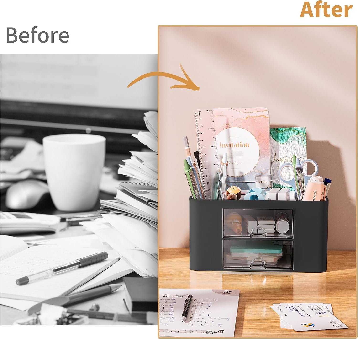 Marbrasse Pen Organizer with 2 Drawer, Multi-Functional Pencil Holder for Desk, Desk Organizers and Accessories with 5 Compartments + Drawer for Office Art Supplies (Black) - Image 7