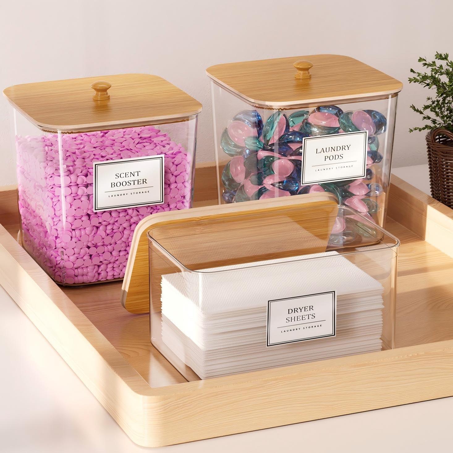 HomePekite Laundry Pods Storage Container, Clear Acrylic Laundry Room Organization and Storage ,Detergent Powder Container,with Wooden Lids & Labels, 3+1 Pack - Image 3