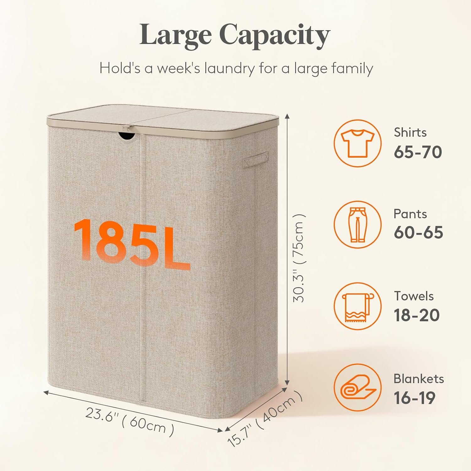 Lifewit 185L 3 Section Laundry Hamper with Lid, Laundry Basket, Beige - Image 2