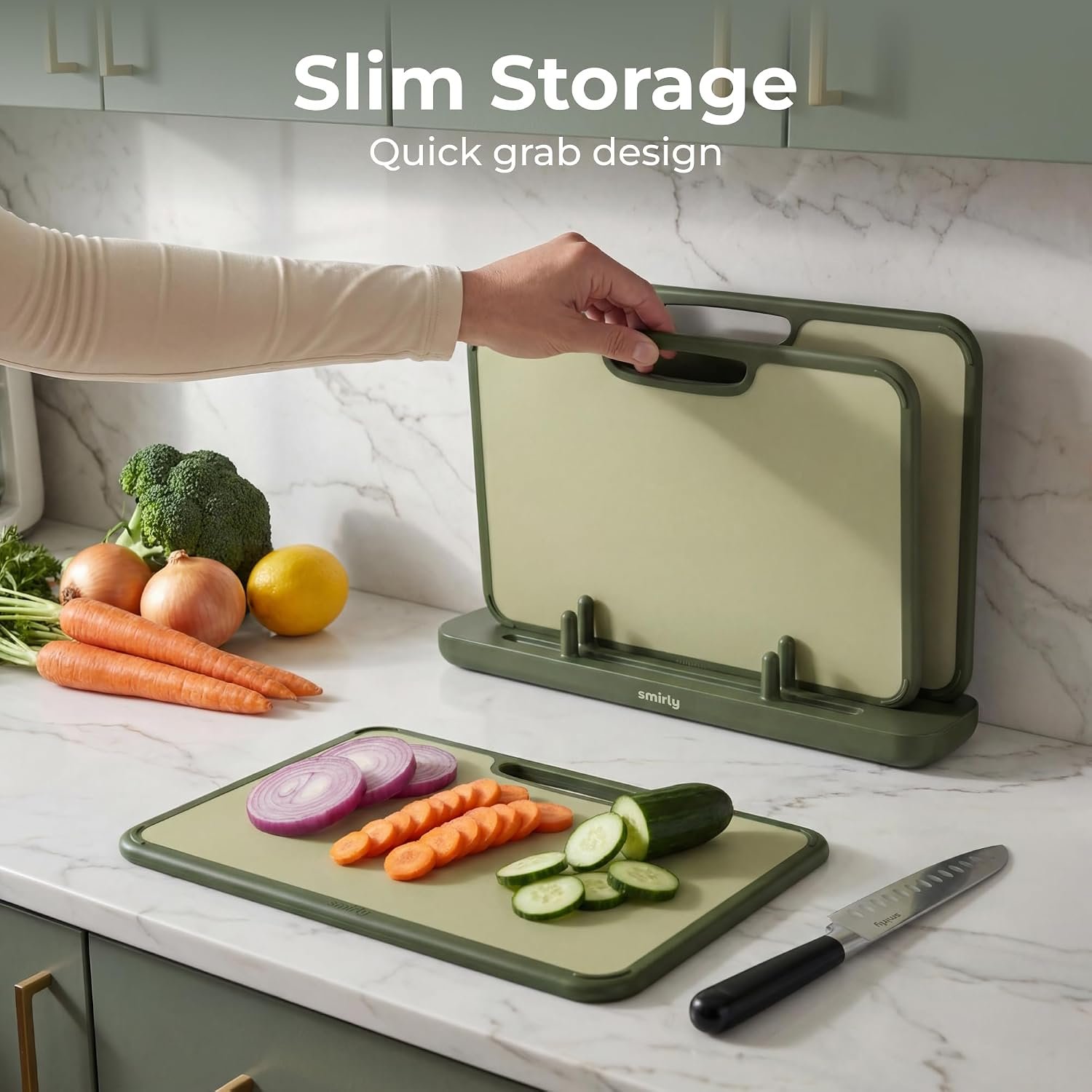 SMIRLY Plastic Cutting Board Set with Holder, 3 Pack, Green - Image 8