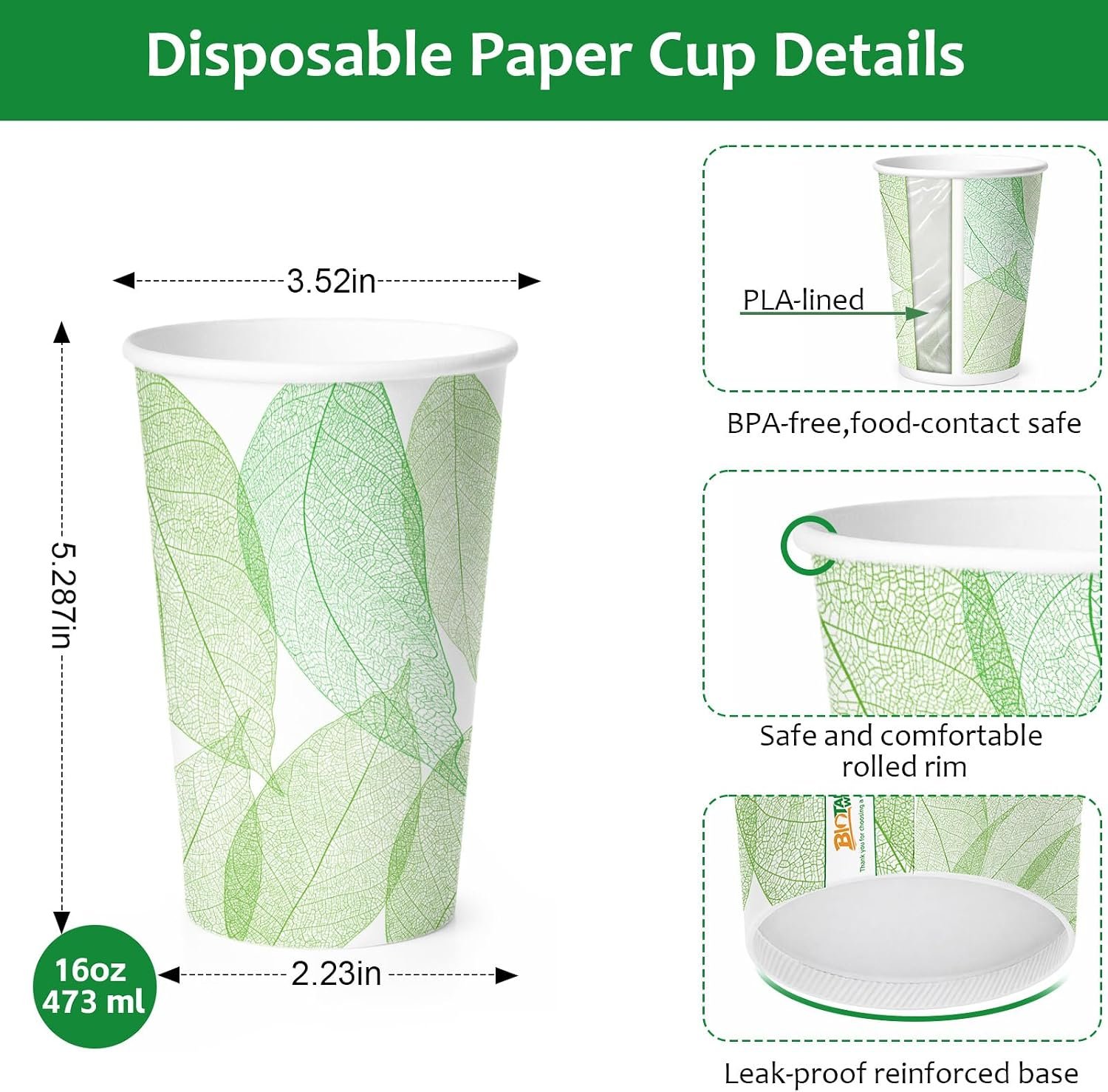 16oz 180Count Compostable Paper Cups, Plant-Based Disposable Coffee Cups with PLA Lining, Perfect for Hot & Cold Drinks, Coffee, Party, Office & Daily Use - Image 3