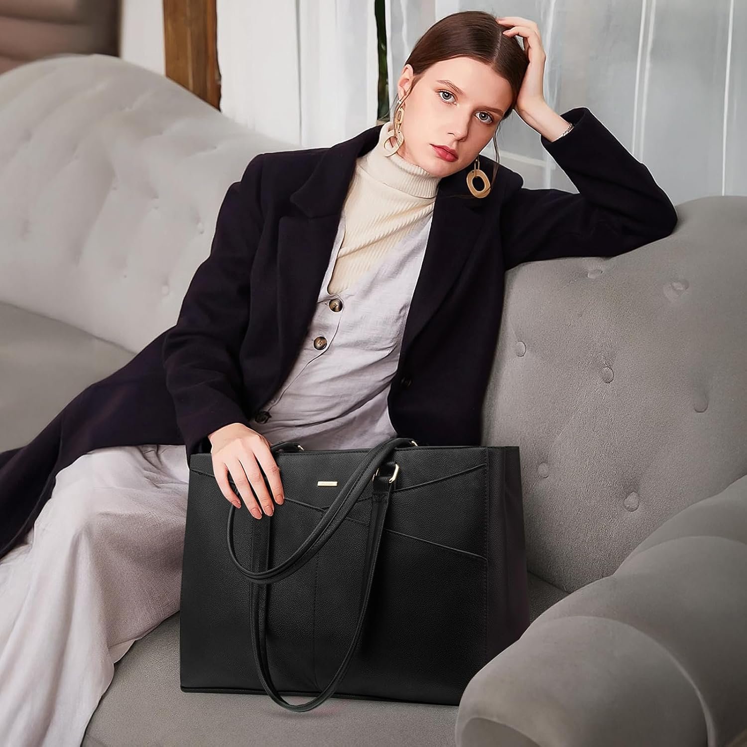 LOVEVOOK Laptop Tote Bag for Women 15.6 Inch Waterproof Leather Computer Bags Business Office Work Briefcase Black - Image 2