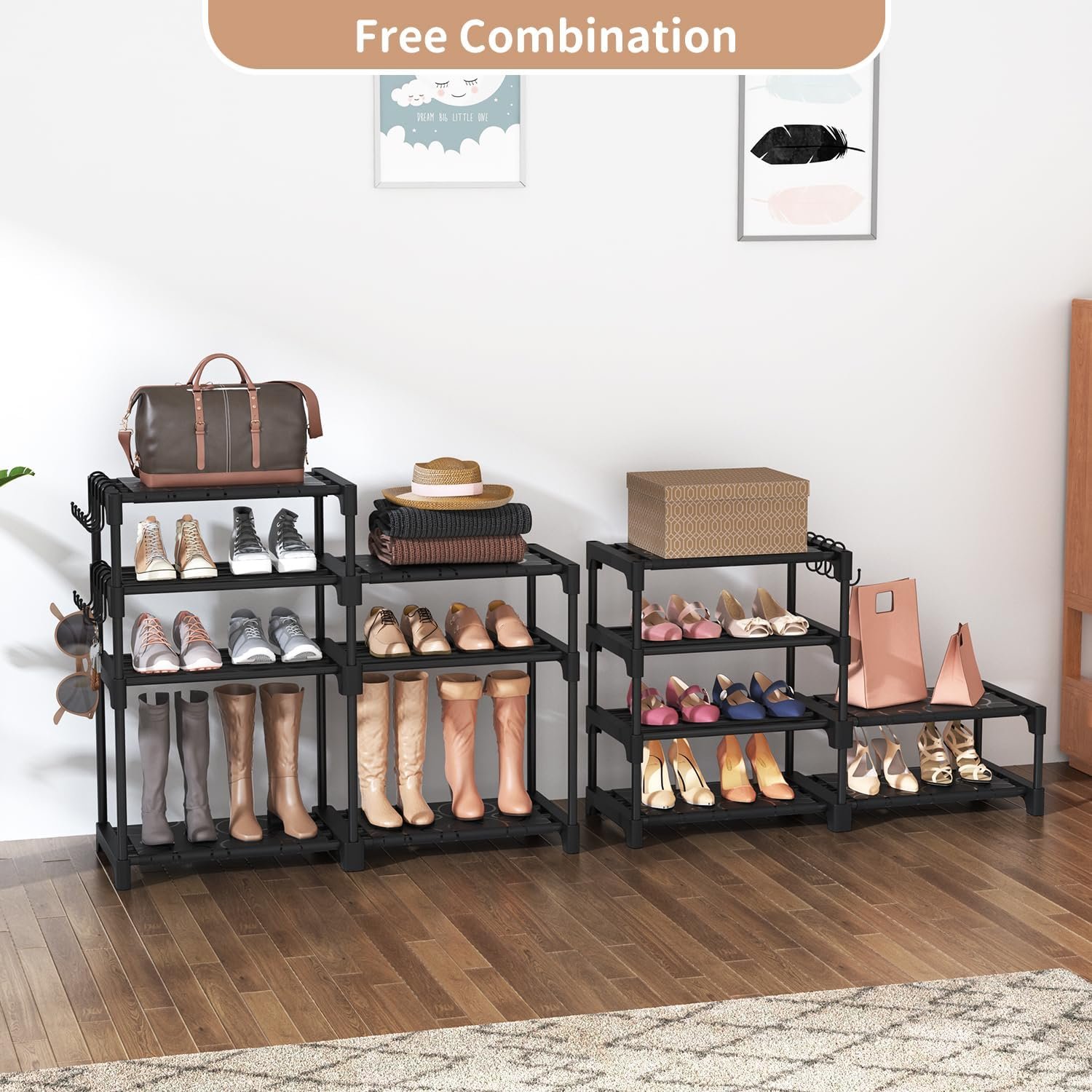 ROJASOP Shoe Rack Organizer, 8-Tier Metal Shoe Rack for Closet Entryway Garage, 26-32 Pairs Tall Shoe Boot Storage Shelf with 15 Hooks, Stackable Large Shoe Stand - Image 6