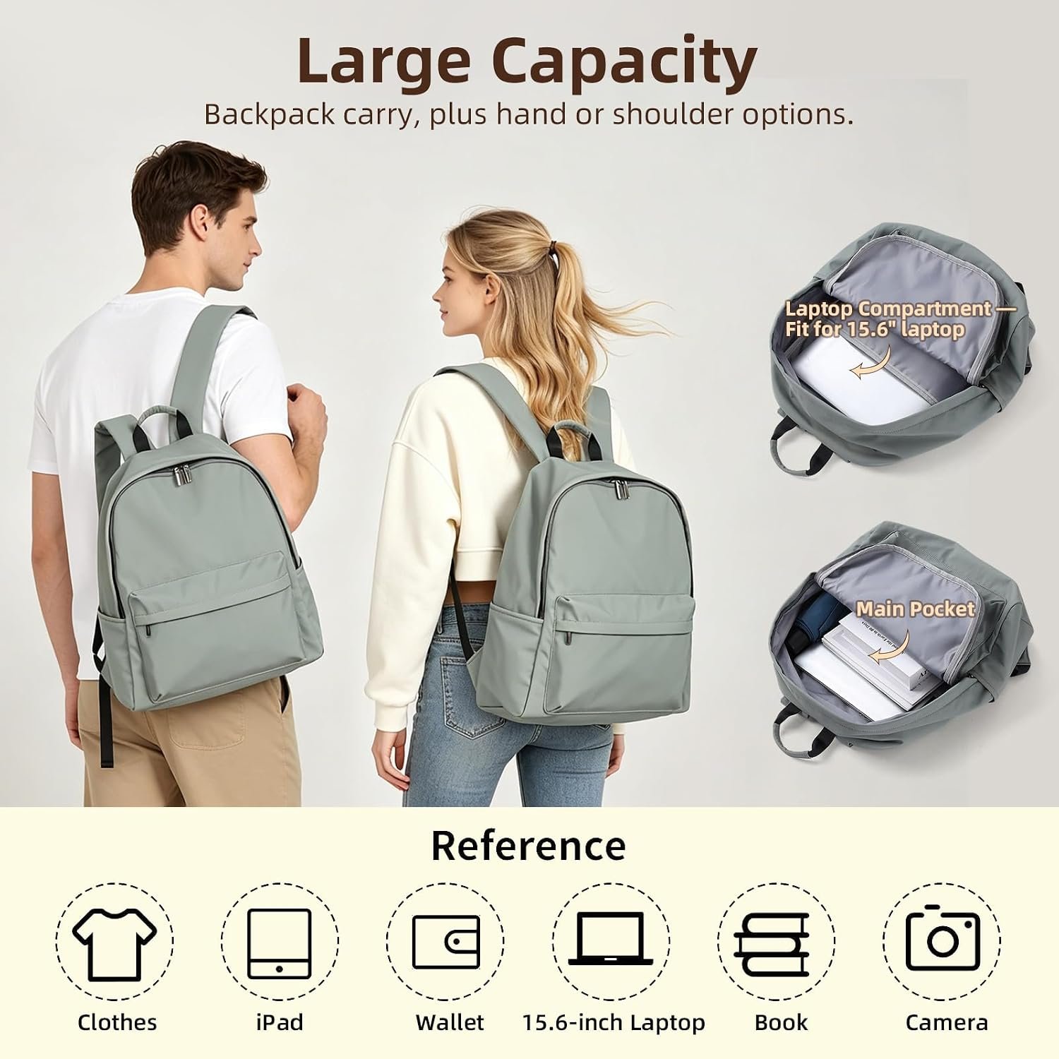 Zicac Canvas Backpack, Classic Basic Daypack, Lightweight Casual Travel Daypack Satchel Backpack (Gray-Green) - Image 7