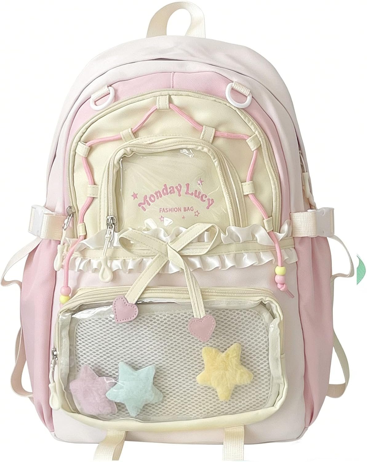 Kawaii ita Backpack - Cute Backpack Coquette Aesthetic Back Pack Y2K Daypack with Clear Pockets with Clear Pockets (Pink)