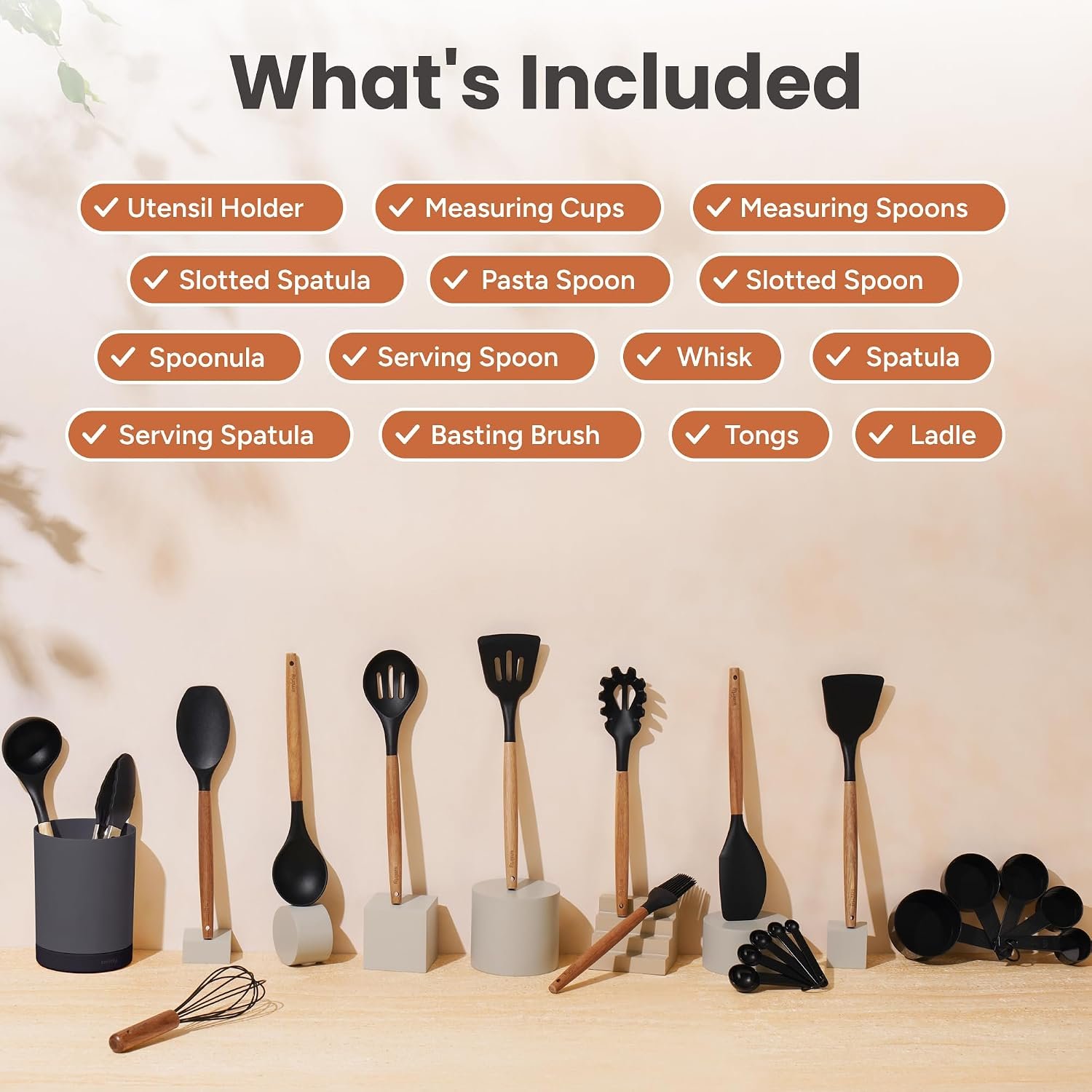 SMIRLY Silicone Kitchen Utensils Set, 22-Piece Acacia Wood Handle, Black - Image 2