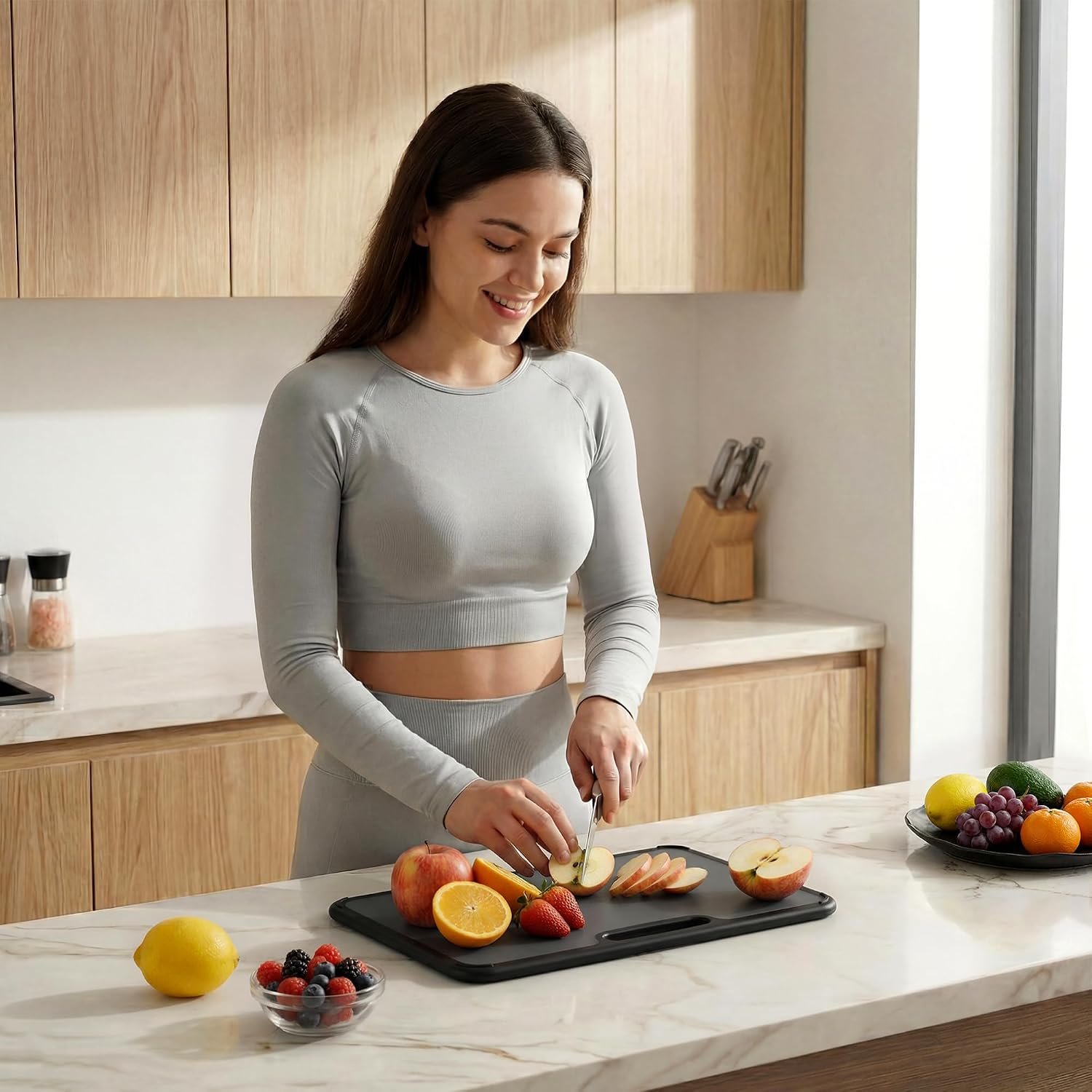 SMIRLY Plastic Cutting Board Set with Holder, 3 Pack, Dark Gray - Image 9