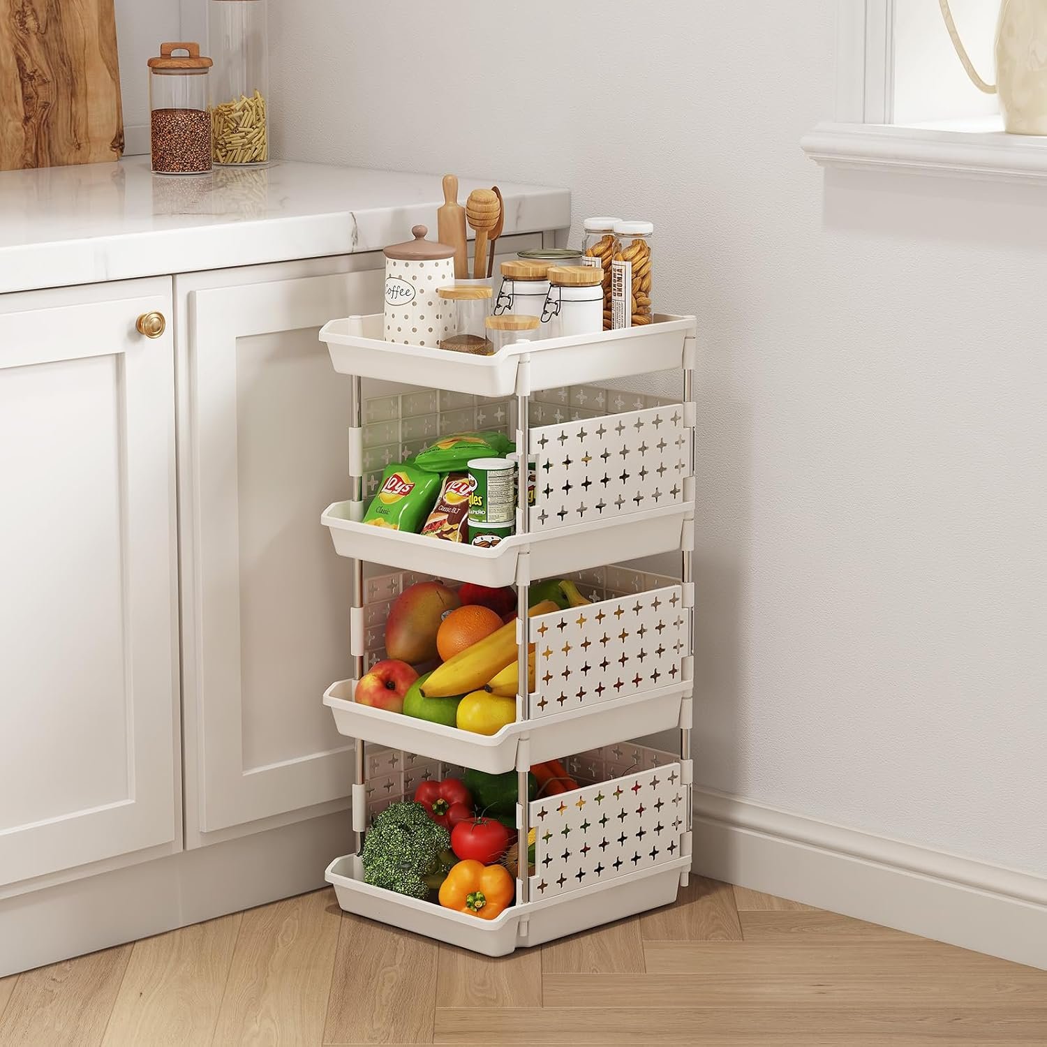 Lifewit Plastic Stackable Storage Baskets, 4 Tier Stacking Bins for Food and Clothes, Multifunctional Organizer for RV, Kitchen, Playroom, Pantry and Bathroom, 13.8"D x 11.8"W x 28.3"H, 1 Pack, White - Image 8