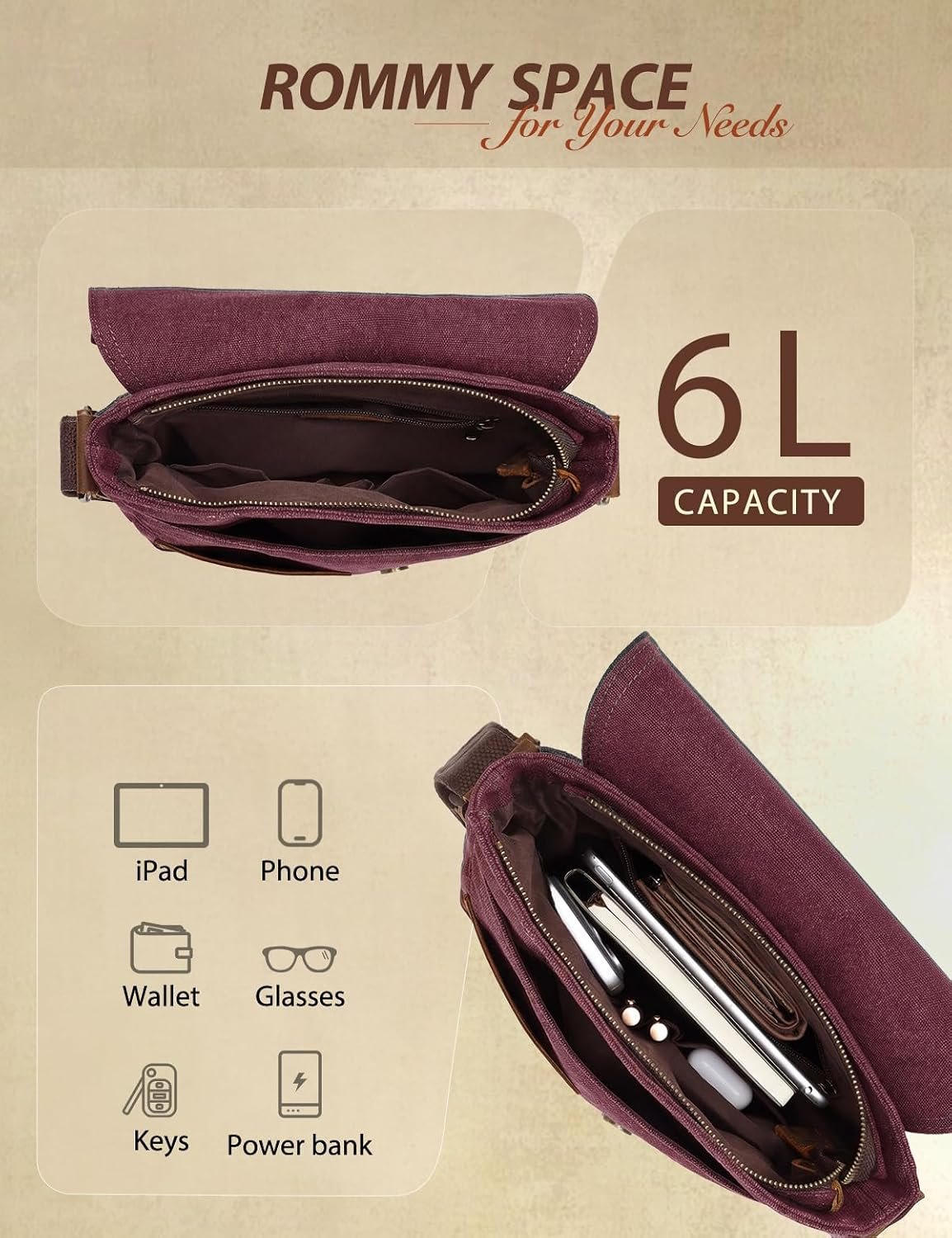 VASCHY Messenger Bag for Men & Women, Genuine Leather with Canvas, Vintage Anti-Theft Crossbody Bag for Men - Image 3