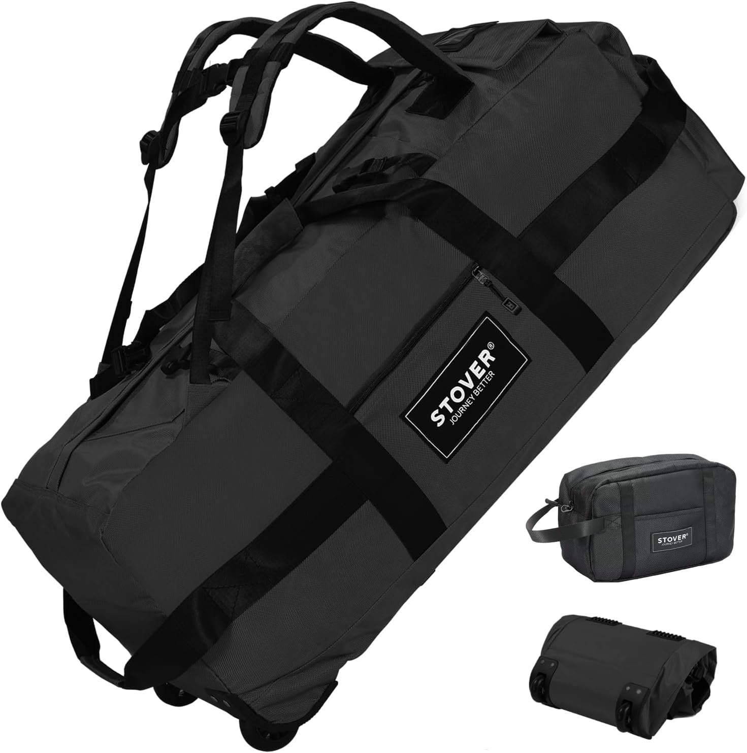 STOVER 45/80/100L Rolling Duffel Bag with Wheels, X-Large Durable Travel Duffle + Toiletry Bag, Heavy Duty, Packable with Shoulder Straps- Use as Luggage or Backpack, Men/Women (Black)