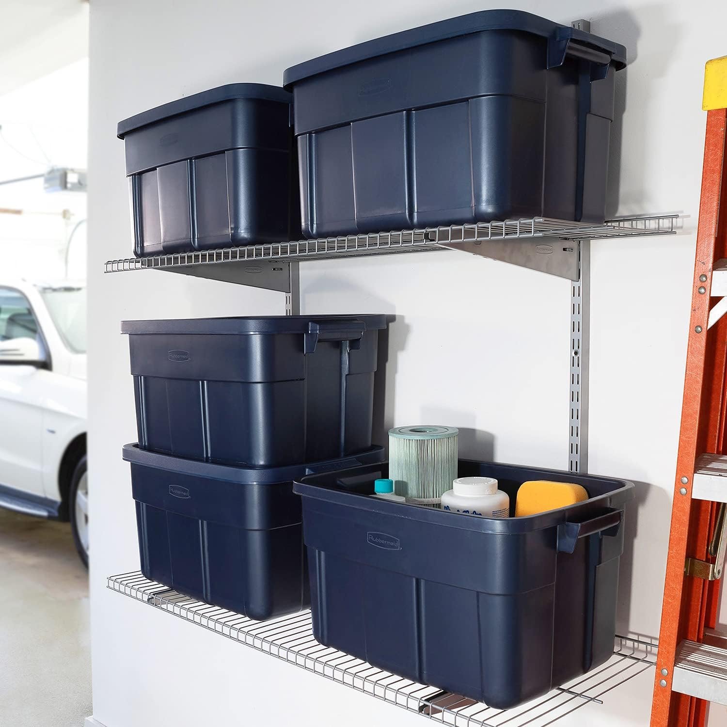 Rubbermaid Roughneck Tote 14 Gal, 6 Pack, Made in USA, Dark Indigo Metallic, Rugged Plastic Stackable Storage Bins with Lids and Handles - Image 2