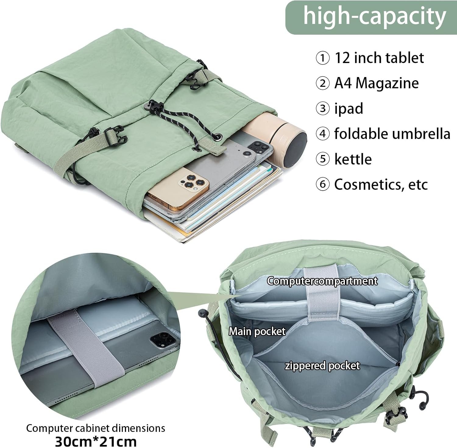 Women's Lightweight Backpack Purse, Water Resistant Nylon Casual Travel Backpack with Multiple Pockets, Fashion Daypack for Work, Shopping, Hiking, Travel & Daily Use (Sage Green, Small) - Image 2