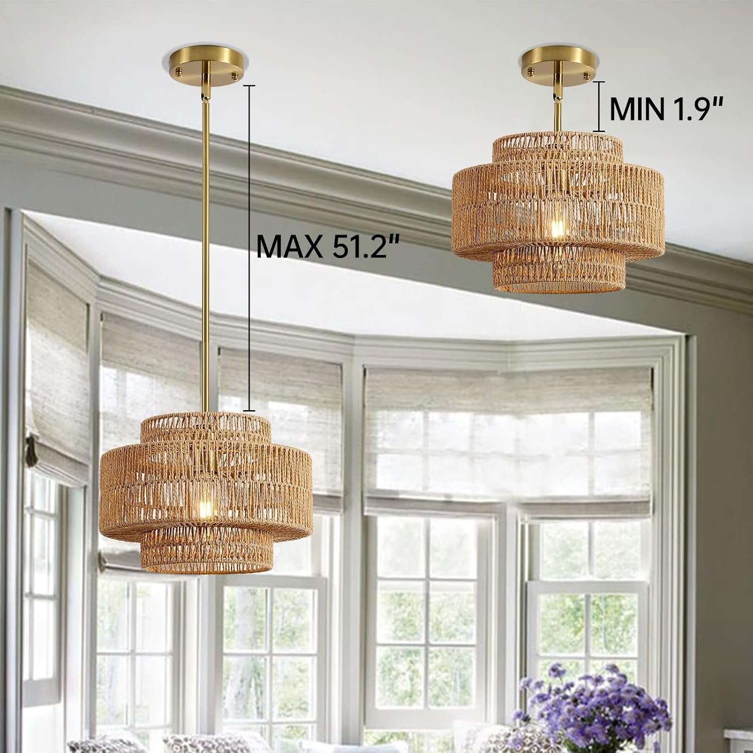 12.4" Rattan Pendant Light for Kitchen Island, Boho Chandelier - Image 8