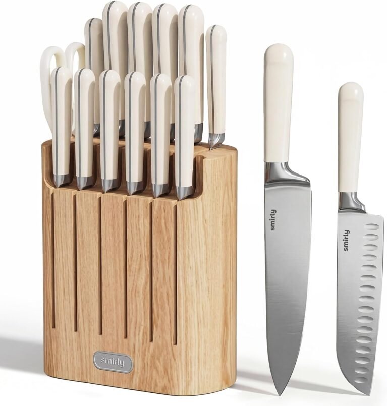 SMIRLY 14-Piece Kitchen Knife Set with Block, Razor-Sharp, Cream White