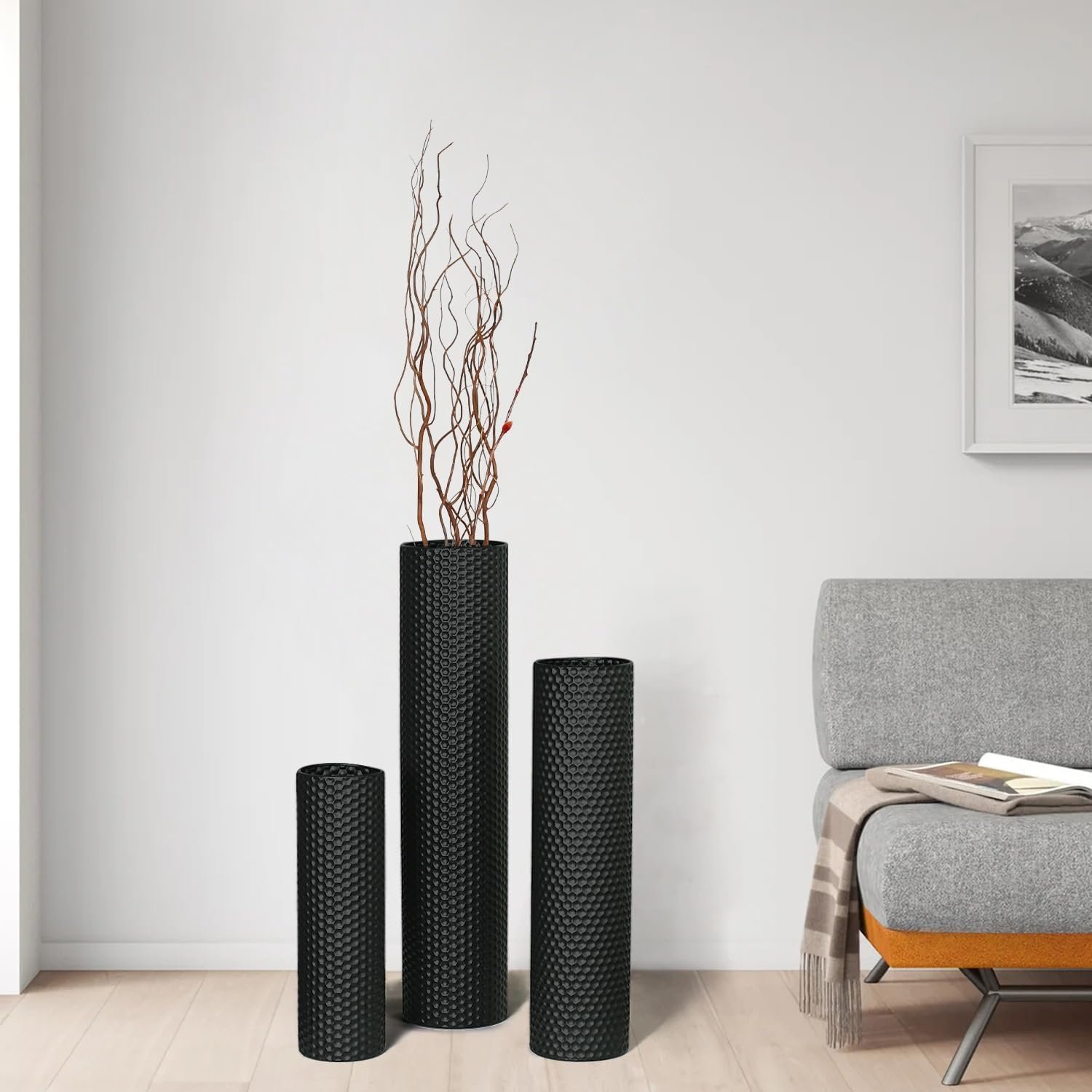 Dnnnii Tall Floor Vases Set of 3 - Black Metal Cylinder Vases for Living Room Corner, Modern Honeycomb Texture, Extra Large Standing Decor (Tallest 27.6in, Home Bedroom Dining Decor) - Image 4