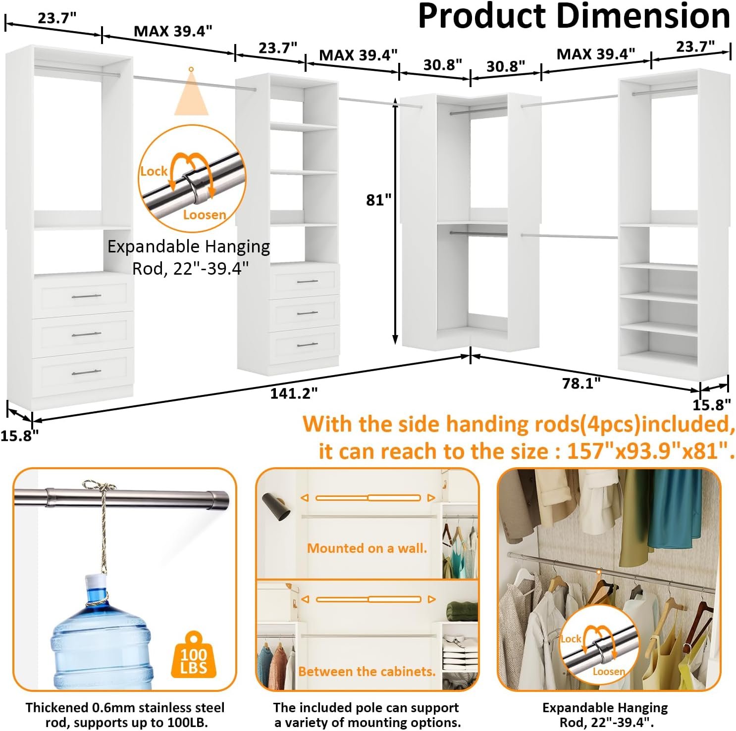 Vomavex Closet System with 4 sets, 101.9" Closet Organizer Systems with 6 Drawers & 8 Hanging Rods & Adjustable Shelves, Walk in Closet Standing Closet System, Corner Closet System Set, White - Image 4
