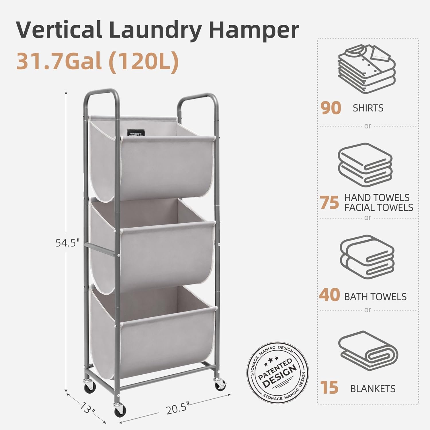 STORAGE MANIAC 120 Liters Vertical Rolling Laundry Hamper, 3 Section Laundry Sorter with Wheels and 2 Breaks, 3-tier Laundry Baskets for Small Space, Dorm, Laundry Room, Closet, Bathroom, Gray 3-tier - Image 6
