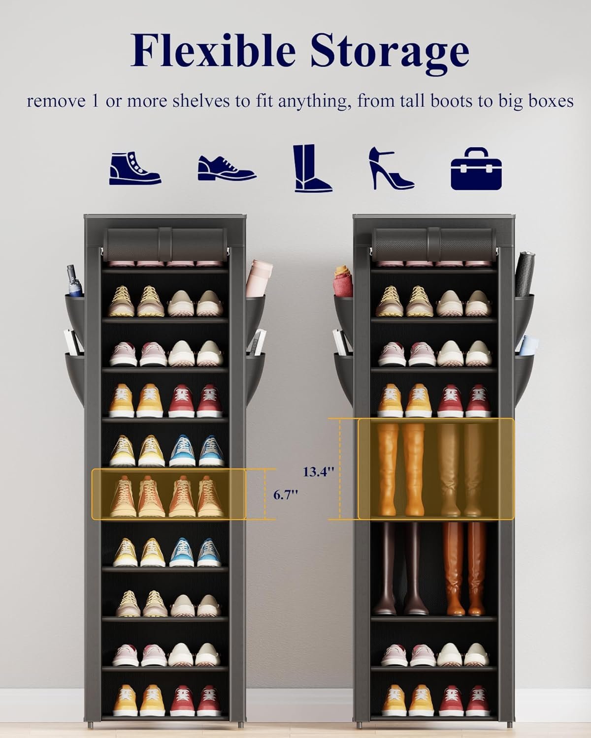 Kitsure 10-Tier Shoe Rack with Cover, Vertical Shelf, 17.5" Wide, Black - Image 4