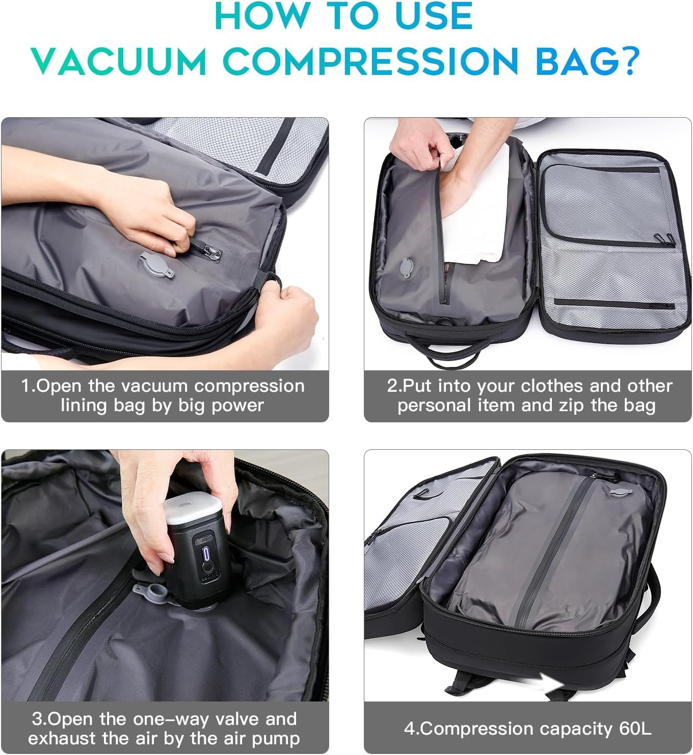 BANGE Air Vacuum Backpack with Pump,Seal Air Packing Vacuum System Compression with Anti Theft Lock, Expandable Large Capacity Backpack for Travel… - Image 4