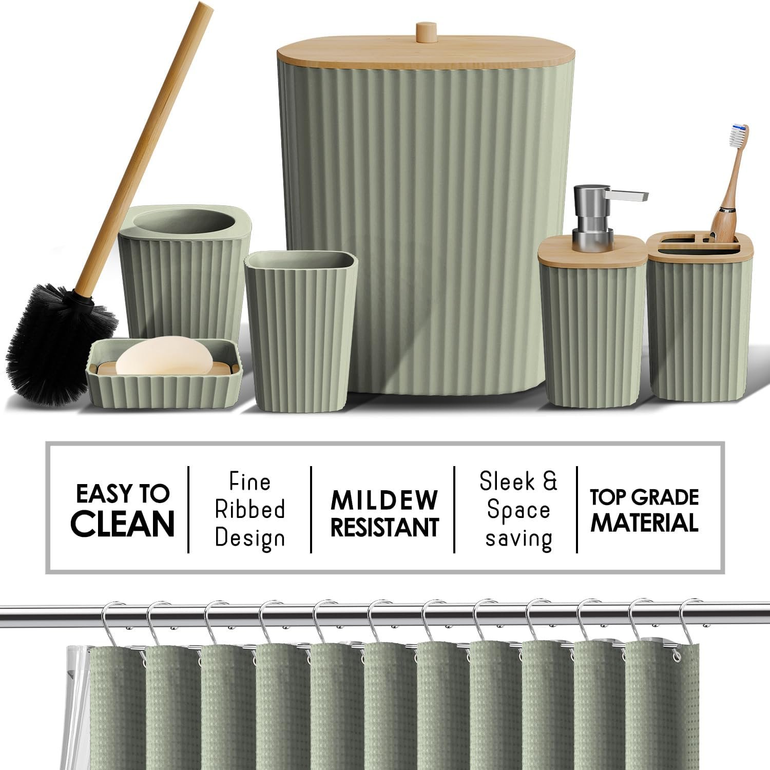 Clara Clark Bathroom Accessories Set - Bathroom Set, Bathroom Accessory Set, Shower Curtain Set, Toilet Brush, Trash Can & Soap Dispenser - Sage Green - 20PC - Image 5