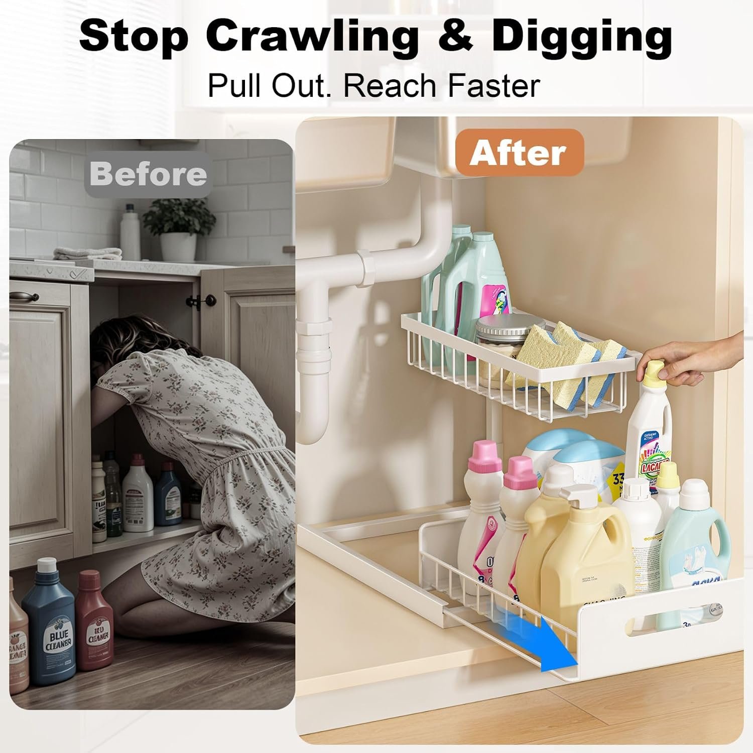 REALINN Under Sink Organizer, L-Shaped 2 Tier Pull Out Cabinet Organizer - Image 4