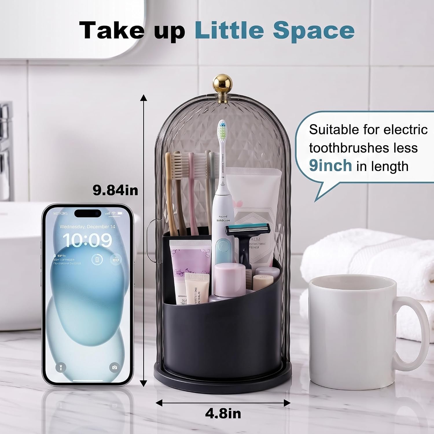 QIYVLOS Toothbrush Holders with Sliding Lid, Rotating 3 Slots Bathroom Organizer Countertop, Tooth Brush Toothpaste Holder Bathroom Counter Stand Caddy for Vanity Makeup Brushes Holder (Black) - Image 7